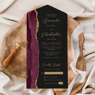 Invitation Tout En Un Agate Burgundy Gold Script foncé