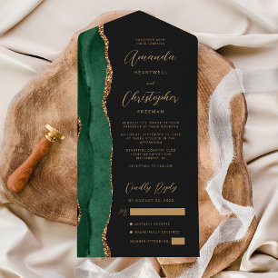 Invitation Tout En Un Agate Émeraude Vert Or Script Mariage Sombre