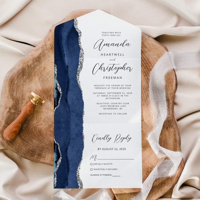 Invitation Tout En Un Agate Marine Mariage en argent bleu (Créateur téléchargé)