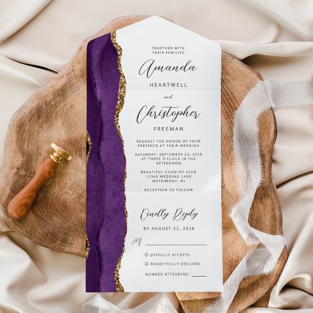 Invitation Tout En Un Agate Purple Gold Script (Créateur téléchargé)