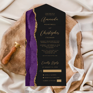Invitation Tout En Un Agate Purple Gold Script Mariage foncé