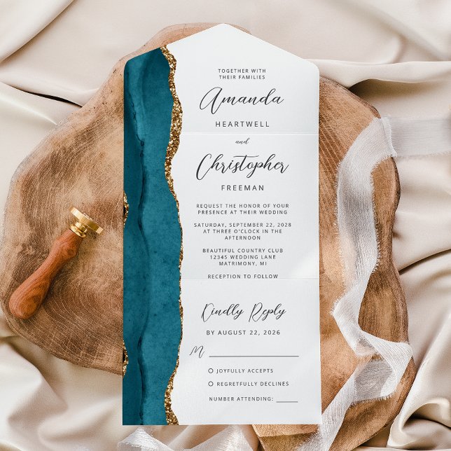 Invitation Tout En Un Agate Turquoise Blue Gold Script (Créateur téléchargé)