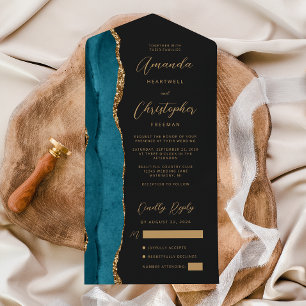 Invitation Tout En Un Agate Turquoise Blue Gold Script foncé