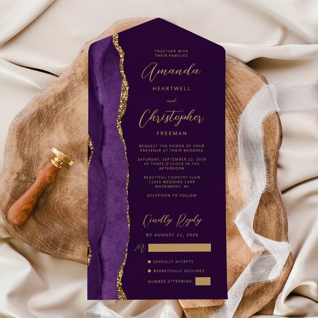 Invitation Tout En Un Agate Violet Or Script Abricot (Créateur téléchargé)
