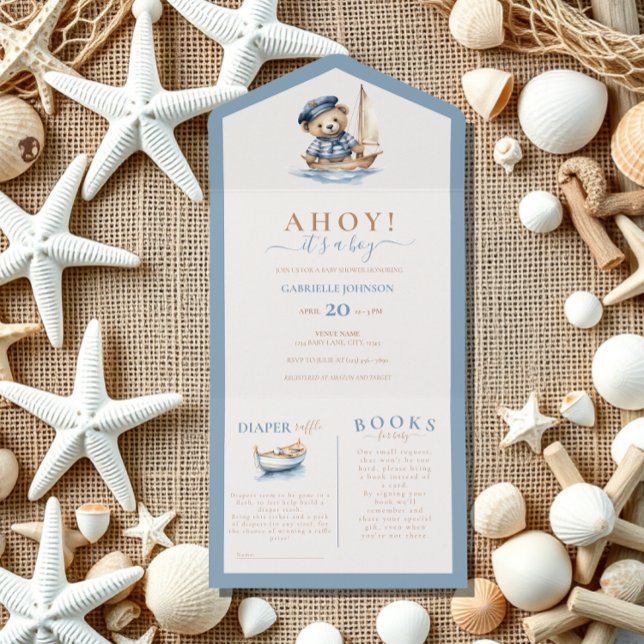 Invitation Tout En Un Ahoy c'est un garçon ! Baby shower nautique minima (Créateur téléchargé)