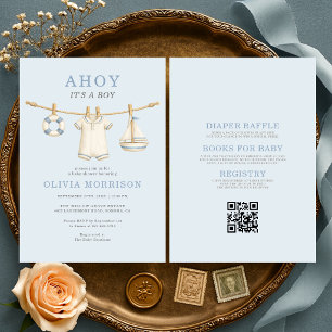 Invitation Tout en Un Ahoy C'est un Garçon Bleu Baby Shower