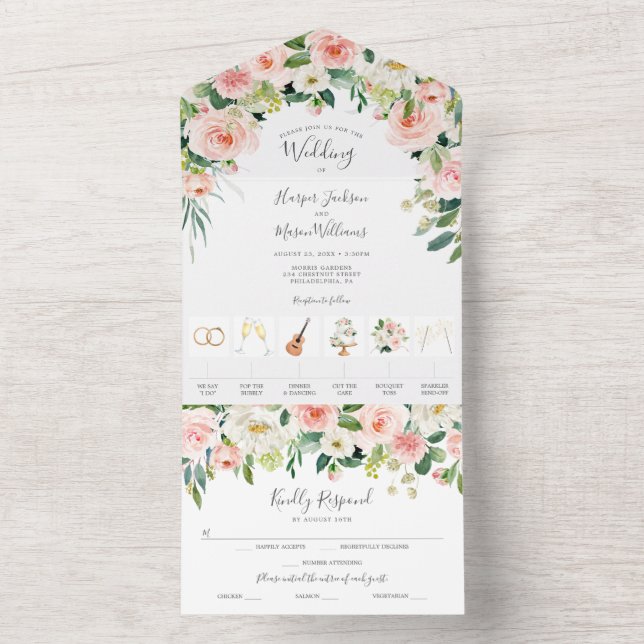 Invitation Tout En Un All in One Airy Blush Gold Timeline Wedding Invita (À l'intérieur)