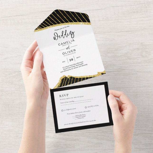 Invitation Tout En Un All Inclusive 3 Black Gold thème mariage RSVP (Déchirure)
