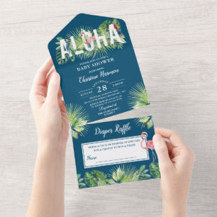 Invitation Tout En Un Aloha Flamant rose Baby shower Déchets Raffle Bleu