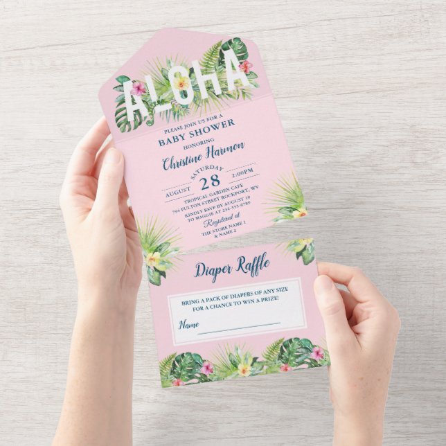 Invitation Tout En Un Aloha Pink Tropical Girl Baby shower Déchets Raffl (Déchirure)