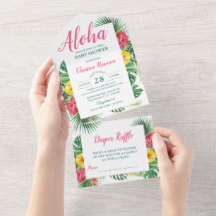 Invitation Tout En Un Aloha Tropical Floral Baby shower & Déchets Raffle