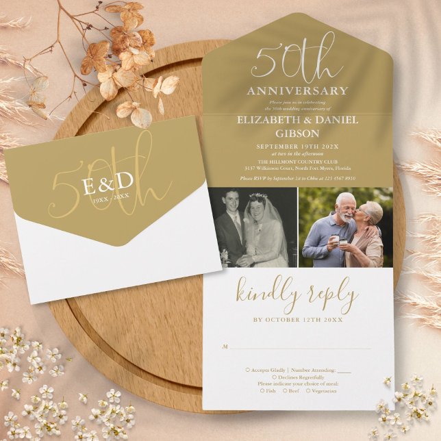Invitation Tout En Un Alors et Maintenant 2 Photo 50e Anniversaire de Ma (Then And Now 2 Photo 50th Wedding Anniversary Gold All In One Invitation)