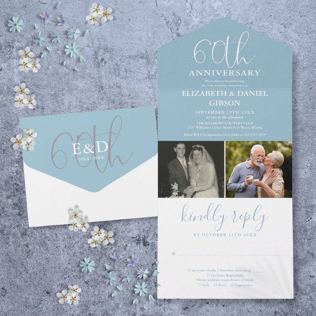 Invitation Tout En Un Alors et maintenant 2 Photo 60e anniversaire de ma (Then And Now 2 Photo 60th Wedding Anniversary All In One Invitation)