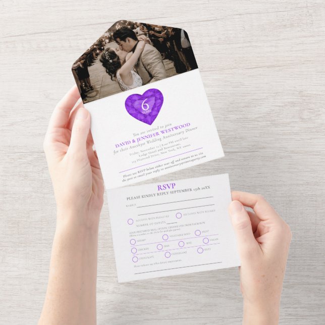 Invitation Tout En Un Amethyst 6e anniversaire mariage photo du coeur (Déchirure)