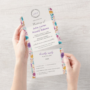 Invitation Tout En Un Amour en Fleurs Floral Romantique Rose Violet Mari