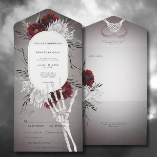 Invitation Tout En Un Amour & os Éffrayant Rouge Floral Mariage Dîner