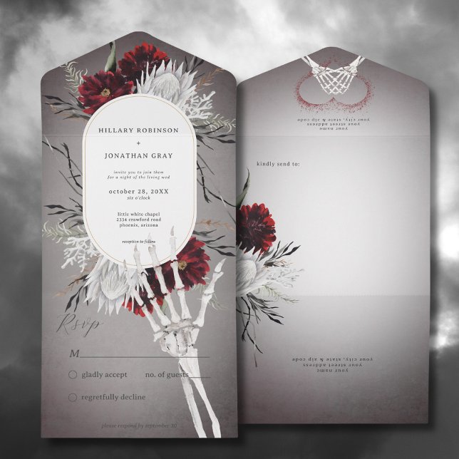 Invitation Tout En Un Amour & Os Éffrayant Rouge Floral Mariage Pas de d (Love & Bones Spooky Red Floral All In One Wedding Invitation without Dinner Options)