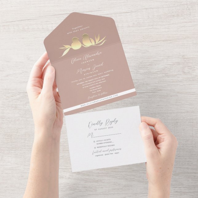 Invitation Tout En Un Amoureux Colombe Blush Or (Déchirure)