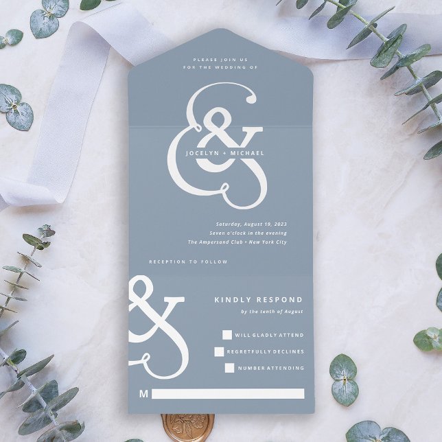 Invitation Tout En Un Ampersand lunaire | Dusty Blue Mariage (Créateur téléchargé)