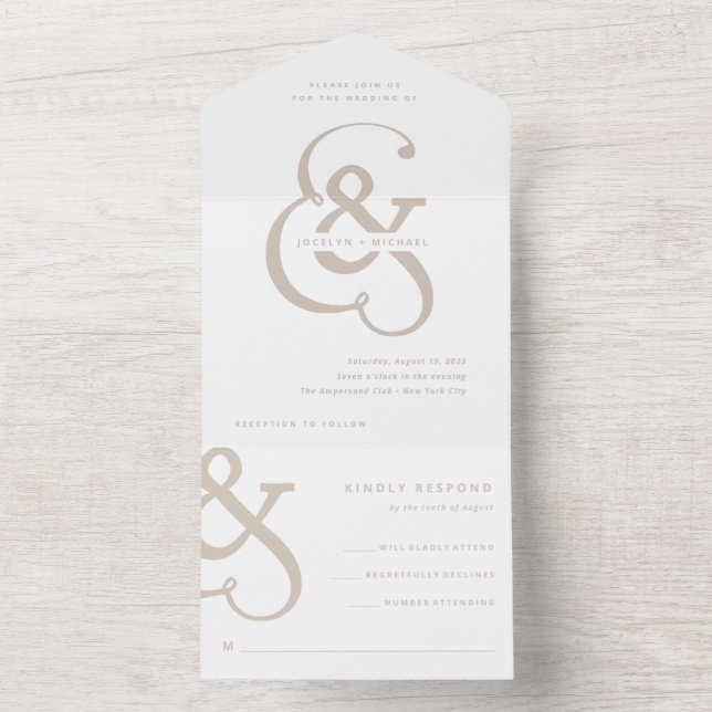 Invitation Tout En Un Ampersand lunaire | Mariage blanc et beige (À l'intérieur)