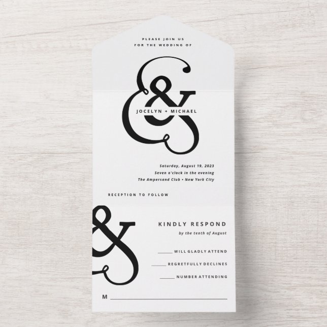 Invitation Tout En Un Ampersand lunaire | Mariage noir et blanc (À l'intérieur)