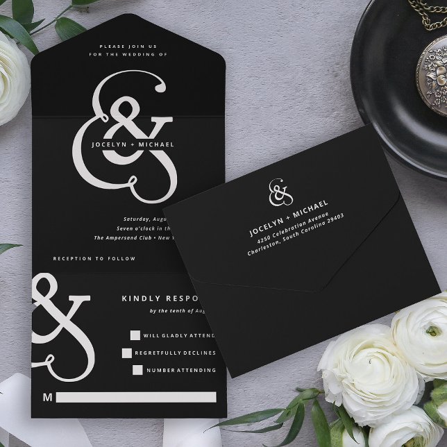 Invitation Tout En Un Ampersand lunaire | Moody Black Mariage (Créateur téléchargé)