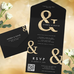 Invitation Tout En Un Ampersand Or moderne noir QR Code RSVP Mariage