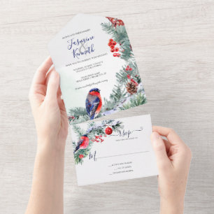 Invitation Tout En Un Ampoule, Poinsettia, Mariage d'hiver de pin