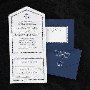 Invitation Tout En Un Ancre Bleue de la Marine blanche Mariage nautique