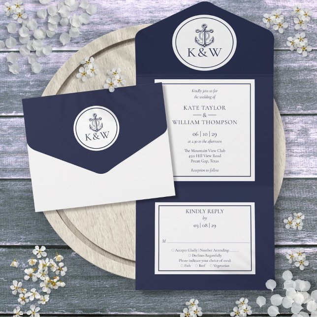 Invitation Tout En Un Ancre bleue marine Mariage nautique (Navy Blue Anchor Nautical Wedding All In One Invitation)