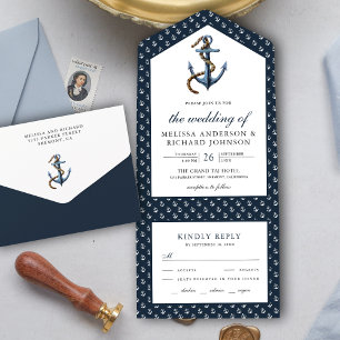 Invitation Tout En Un Ancre bleue Rustique Marine Mariage nautique
