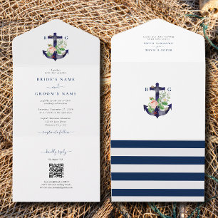 Invitation Tout En Un Ancre Botanique Floral Nautique Mariage d'été
