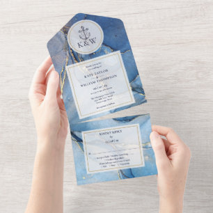 Invitation Tout En Un Ancre D'Agate Bleu Et Or Marine Mariage Nautique
