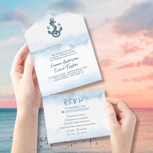 Invitation Tout En Un Ancre d'aquarelle bleu de plage Mariage nautique (Beach Blue Watercolor Anchor Nautical Wedding All In One Invitation)