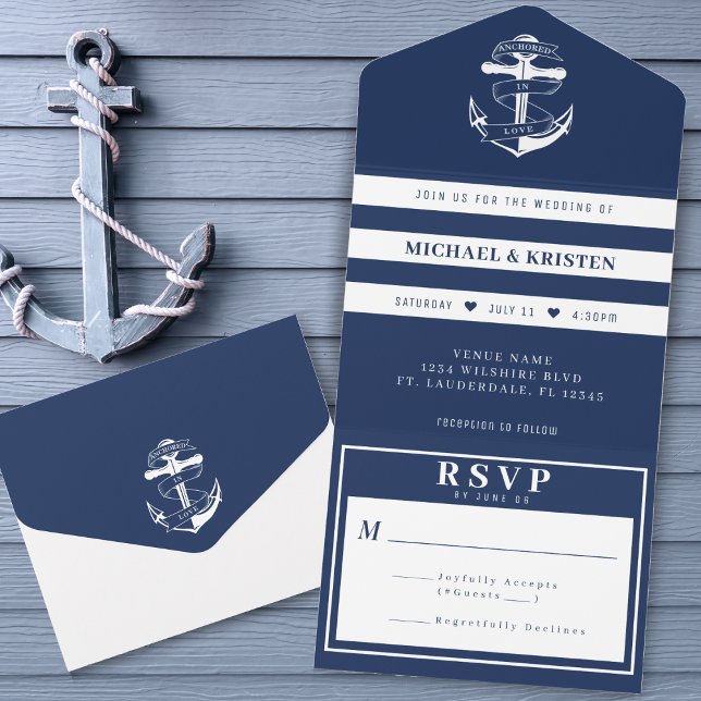 Invitation Tout En Un Ancré en amour Nautique Bleu Ancre Mariage (Anchored in Love Nautical Blue Anchor Wedding All In One Invitation
)