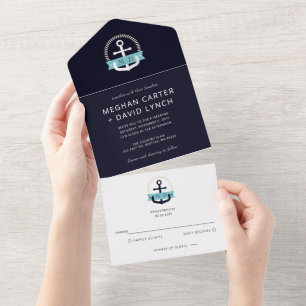 Invitation Tout En Un Ancre marine moderne Mariage de monogramme nautiqu