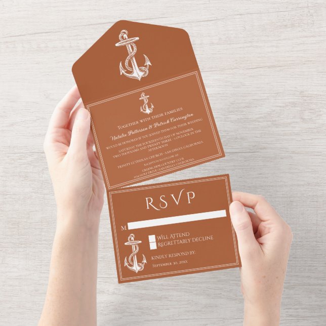 Invitation Tout En Un Ancre marine orange brûlée (Déchirure)