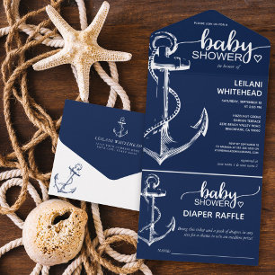 Invitation Tout En Un Ancre nautique Baby shower Déchets Raffle Marine