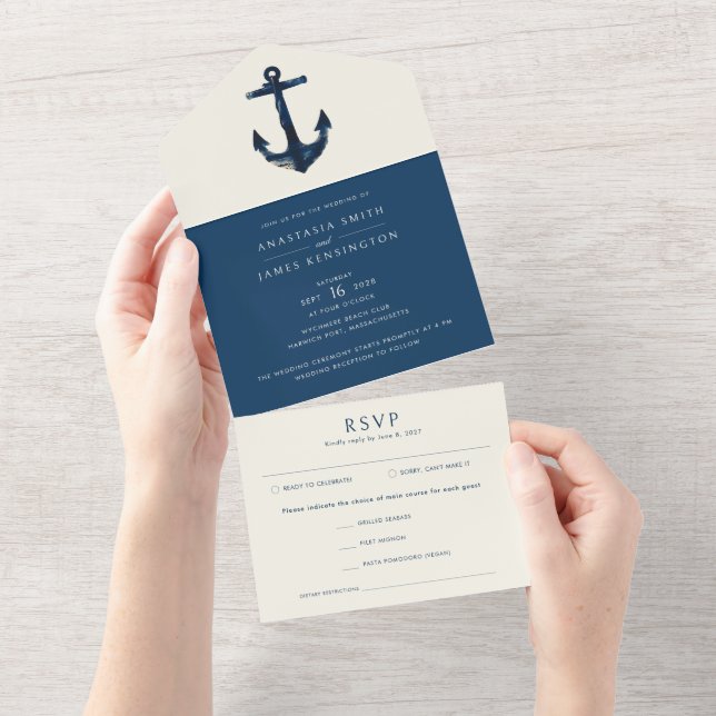 Invitation Tout En Un Ancre nautique Bleu Mariage côtier moderne (Déchirure)