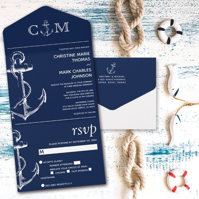 Invitation Tout En Un Ancre nautique Mariage bleu marine (Créateur téléchargé)