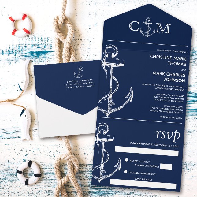Invitation Tout En Un Ancre nautique Mariage Chanson Demande Marine Bleu (Créateur téléchargé)