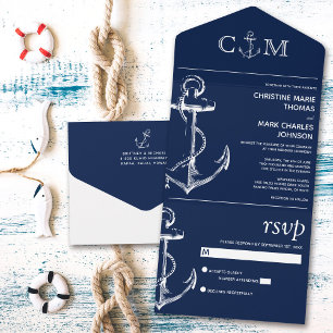 Invitation Tout En Un Ancre nautique Mariage Marine Bleu