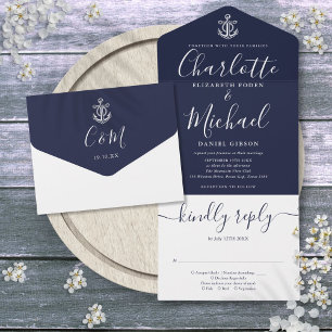 Invitation Tout En Un Ancre Nautique Marine Bleu Et Blanc Script Mariage