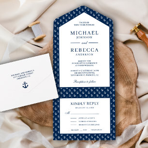 Invitation Tout En Un Ancres Bleues et Blancs Mariage nautique