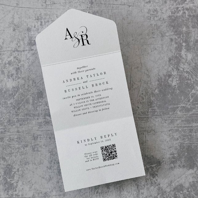 Invitation Tout En Un ANDREA QR Code Blanc Noir Simple Minimal Mariage (ANDREA QR Code White Black Simple Minimal Wedding All In One Invitation)