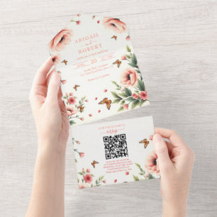Invitation Tout En Un Anémone rose, papillons bordure florale mariage