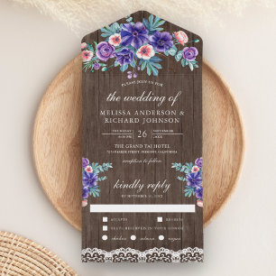 Invitation Tout En Un Anémones Violettes Aquarelle Rustique Mariage Bois