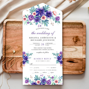 Invitation Tout En Un Anémones Violettes Aquarelle Rustique pour Mariage
