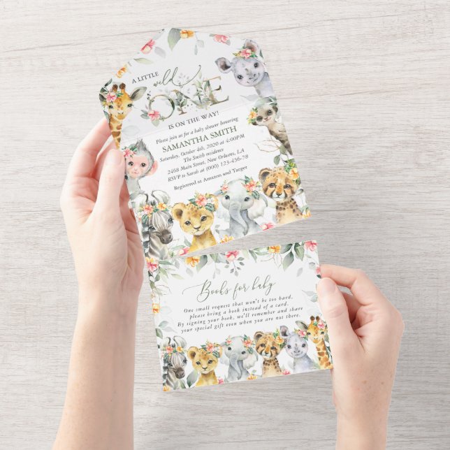 Invitation Tout En Un Animaux de la jungle, Safari, Fleurs, Baby shower (Déchirure)