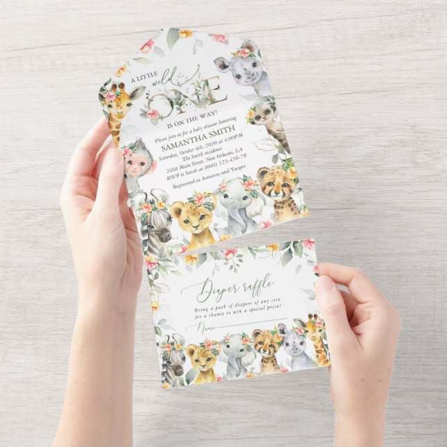 Invitation Tout En Un Animaux de la jungle, Safari, Fleurs, Baby shower (Déchirure)